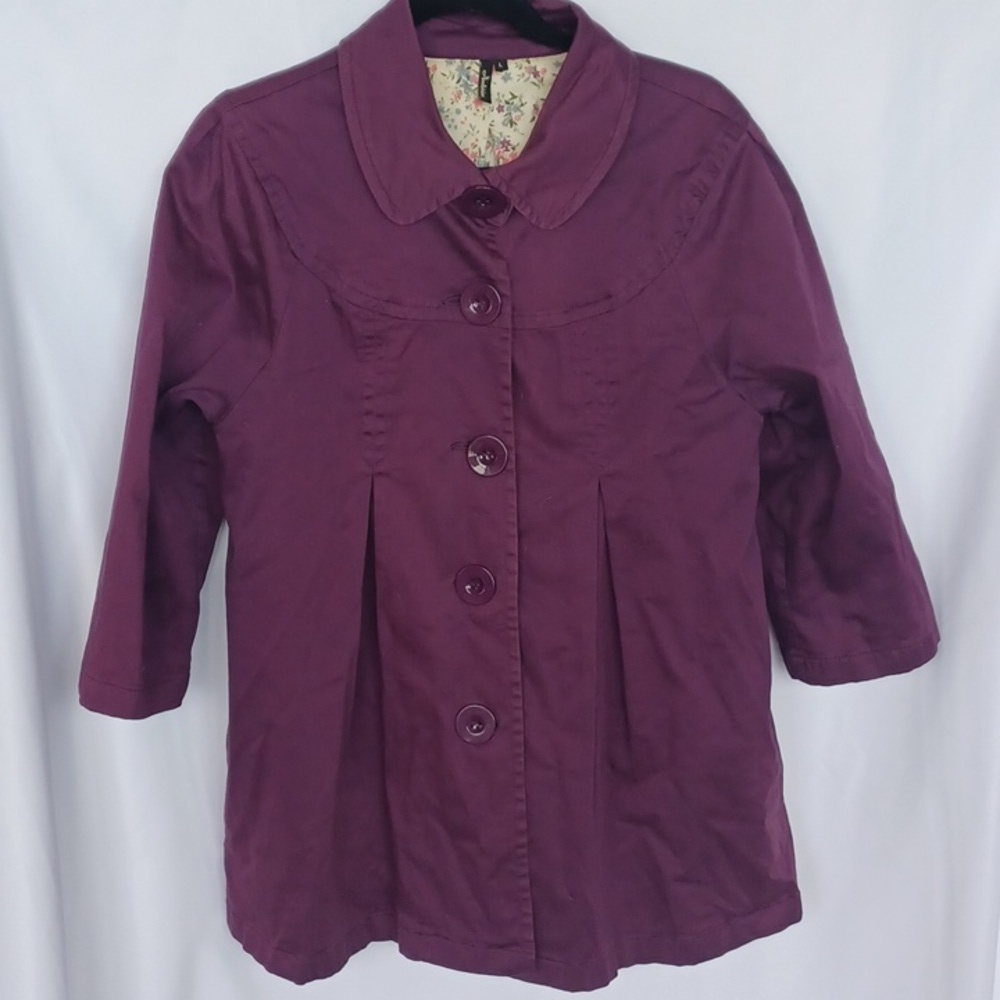 Ambition Floral Lined Button Up Pleated Swing Coat, Eggplant, 3/4 Sleeve